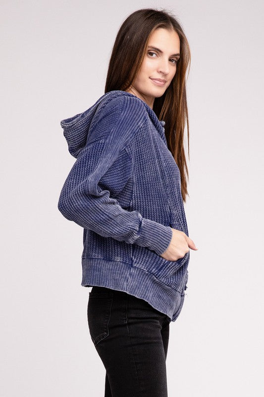 Women Acid Wash Cotton Waffle Hooded Zip Up Jacket | Zarnesh