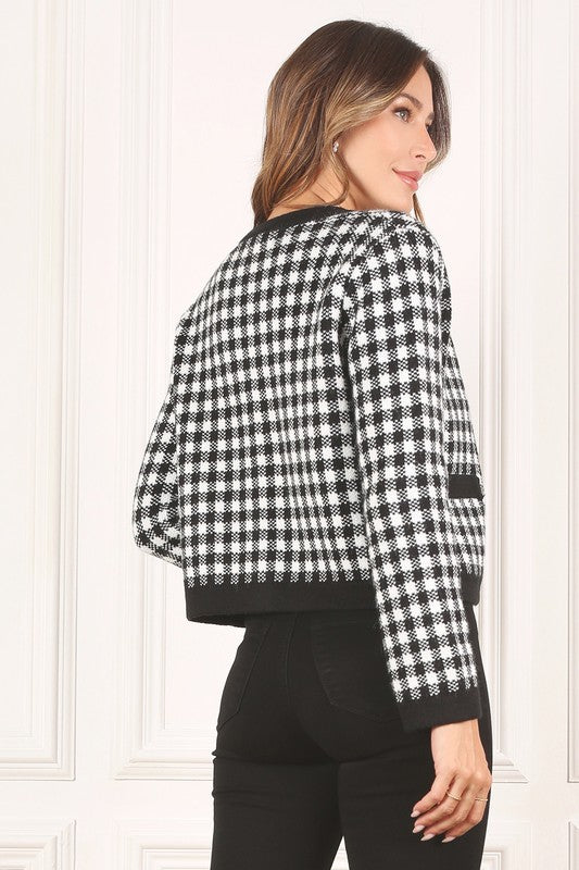 Women Black Check Knitted Jacket | Zarnesh