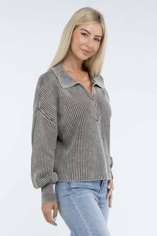 Women’s Washed Collared Henley Sweater | Zarnesh