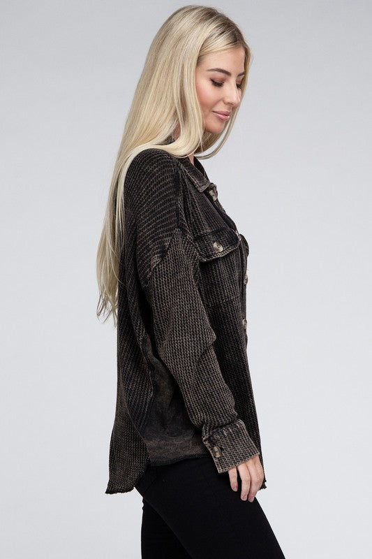 Women Acid Wash  Front Button Oversized Cotton Waffle Shacket Zarnesh 