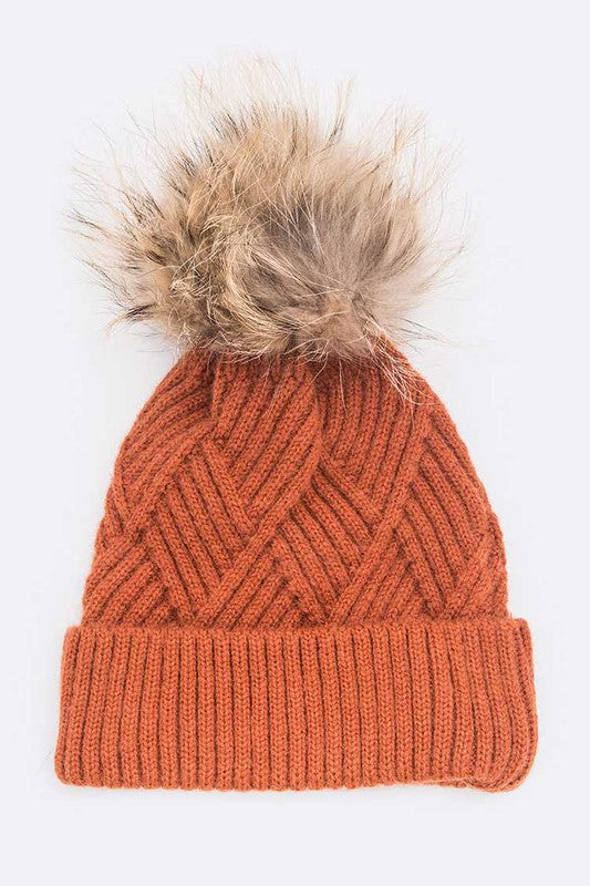 Women Raised Knit Raccoon Fur Pom Beanie | Zarnesh