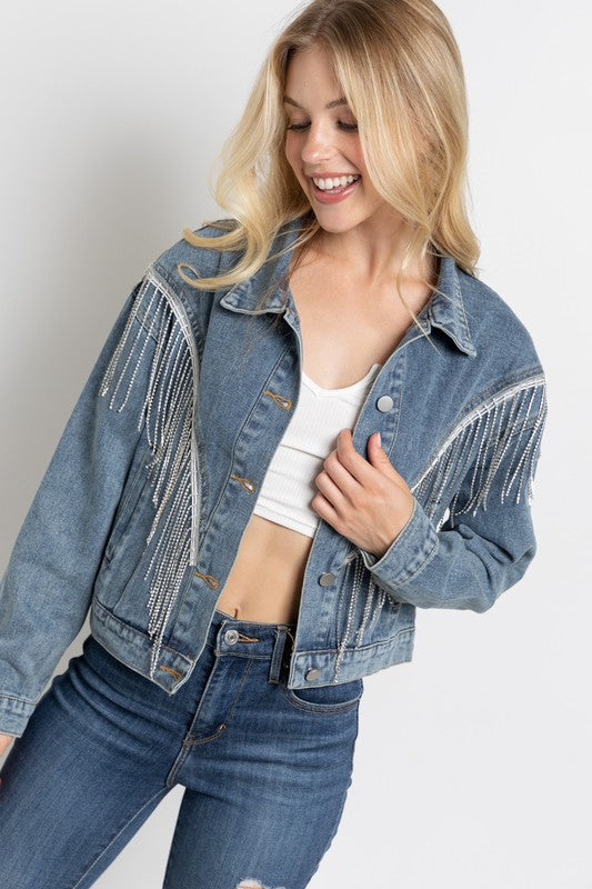 Women Crop Denim Jacket With Rhinestone Fringe | Zarnesh