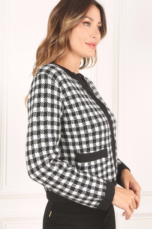 Women Black Check Knitted Jacket | Zarnesh