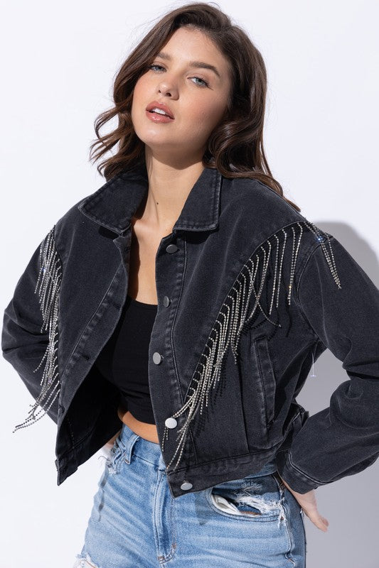 Women Crop Denim Jacket With Rhinestone Fringe | Zarnesh