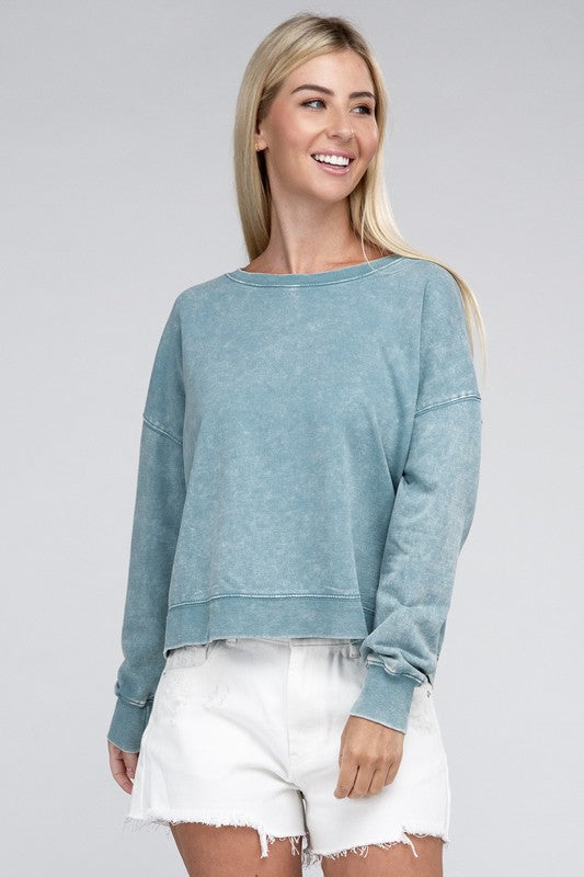  Women's  French Terry Acid Wash Boat Neck Pullover | Zarnesh