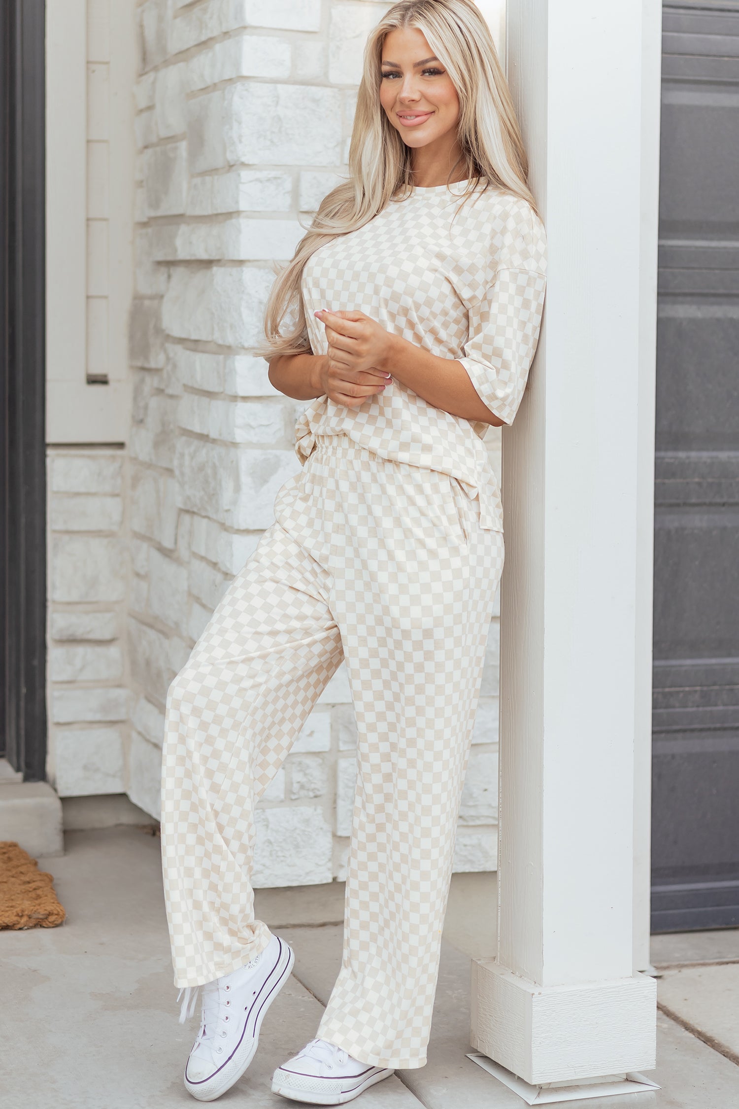 Black Checkered Print Half Sleeve Tee 2pcs Lounge Pant Set