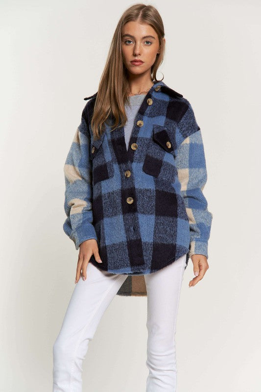 Women Plaid Chest Pocket Detail Shacket - Blue Multi  | Zarnesh