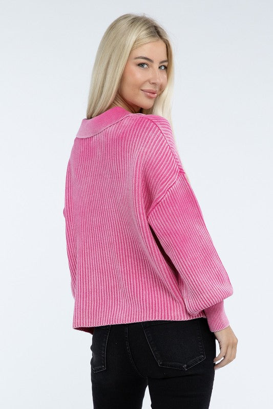 Women’s Washed Collared Henley Sweater | Zarnesh

