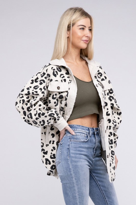 Women Vintage Washed Leopard Corduroy Buttoned Jacket | Zarnesh