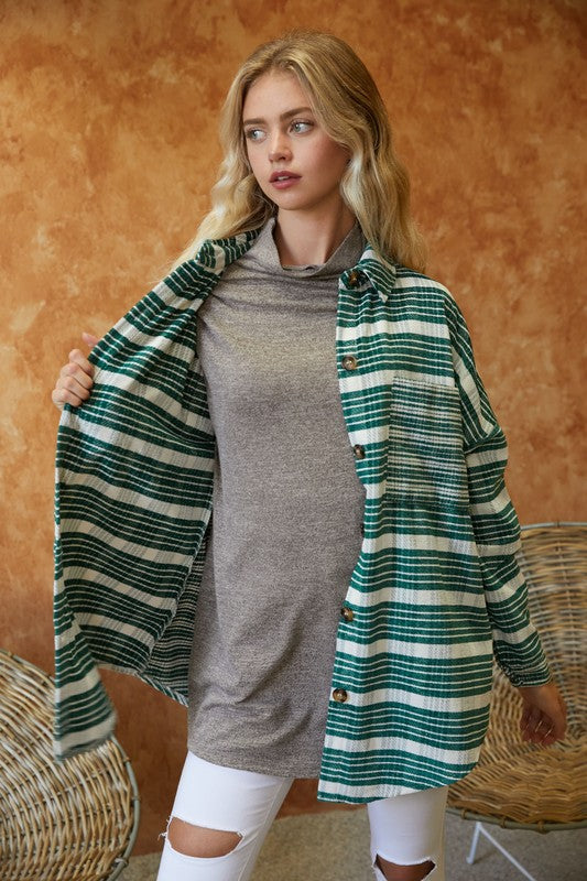 Women Stripe Collar Chest Pockets Button Down Long Sleeve Shacket Zarnesh
