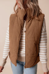 Coffee Corduroy Stand Neck Zipped Puffer Vest