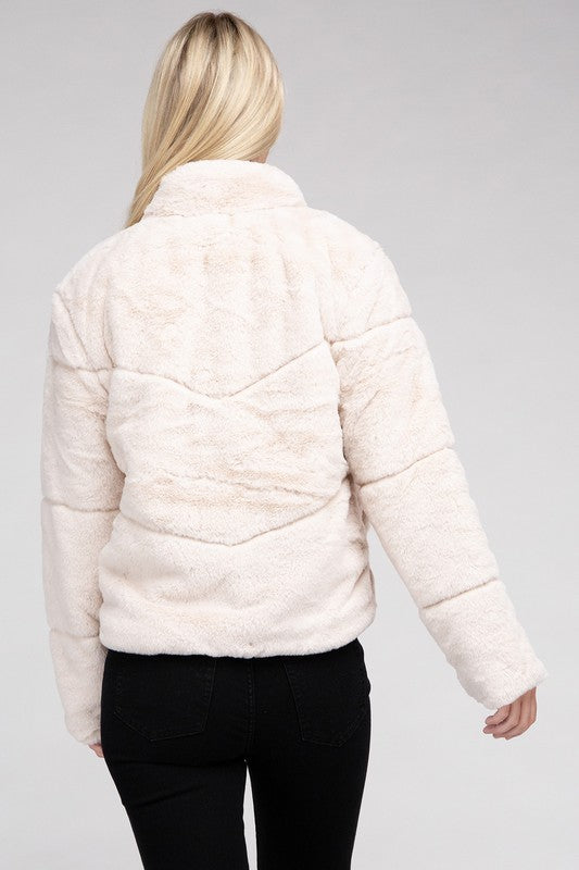 Women Fluffy Zip-Up Functional Pockets Sweater Jacket | Zarnesh