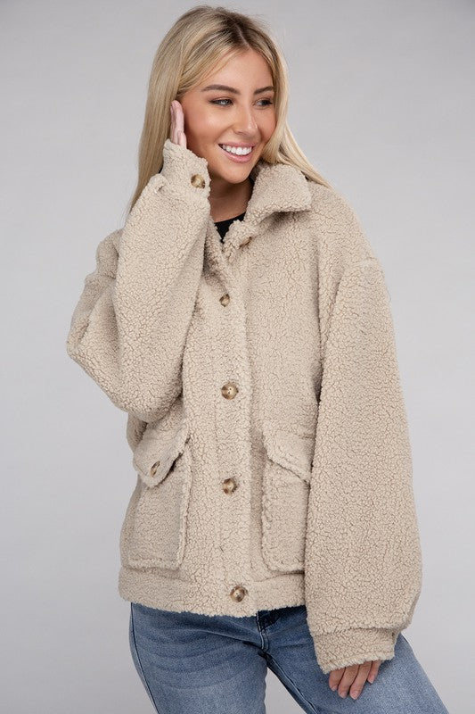 Women Cozy Long Sleeve Sherpa Button-Front Jacket | Zarnesh