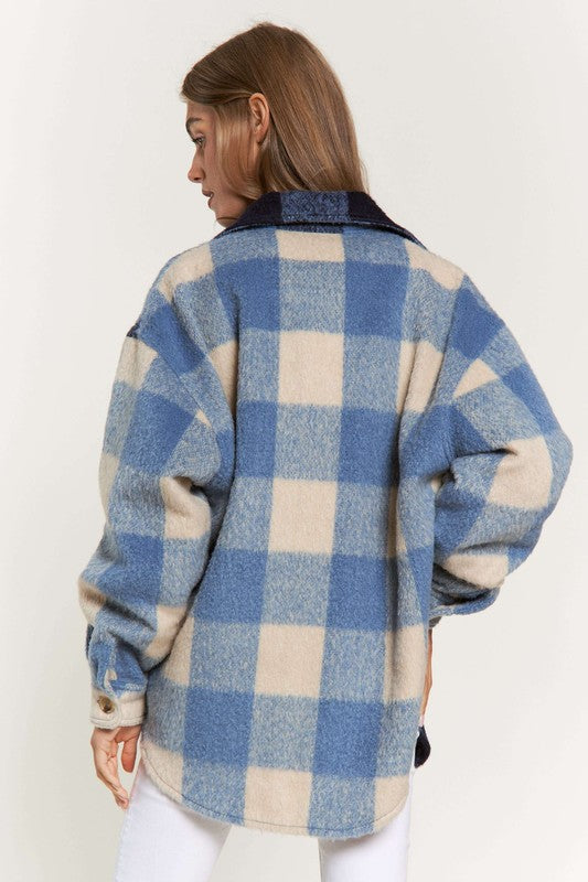 Women Plaid Chest Pocket Detail Shacket - Blue Multi  | Zarnesh