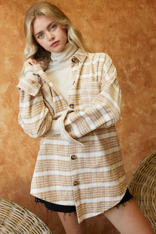 Women Stripe Collar Chest Pockets Button Down Long Sleeve Shacket Zarnesh