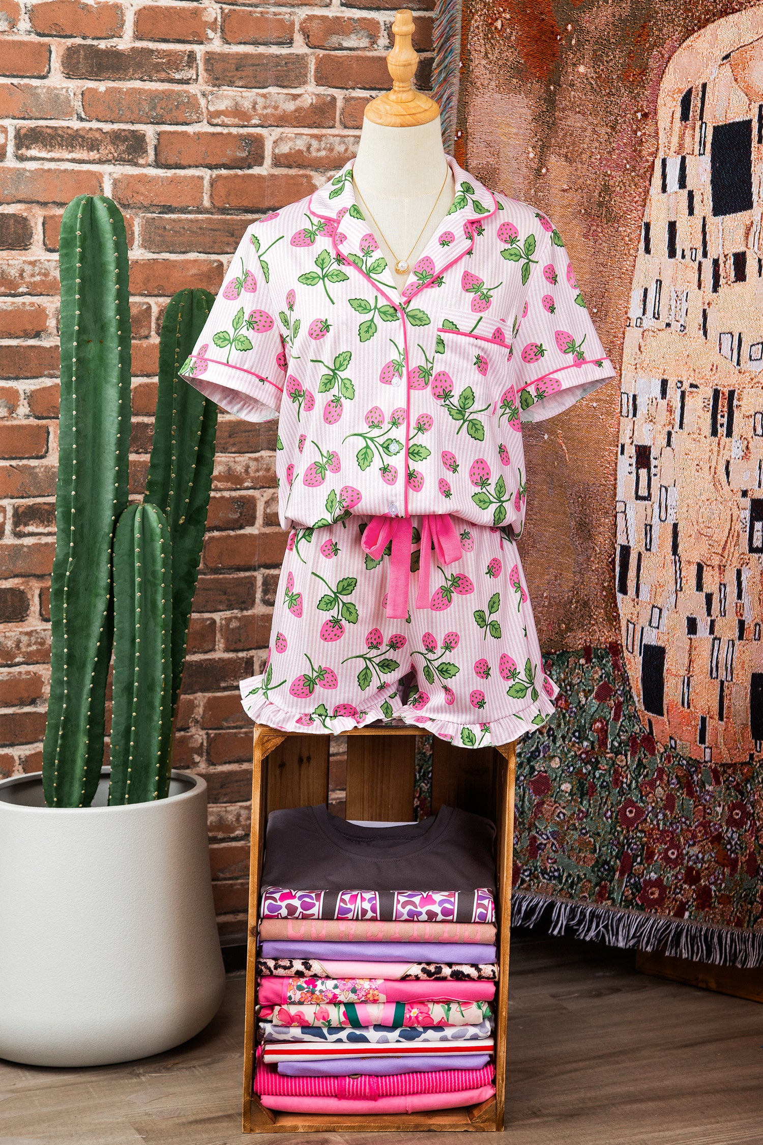 Pink Striped Strawberry Print Lapel Shirt Drawstring Shorts 2pcs Pajama Set