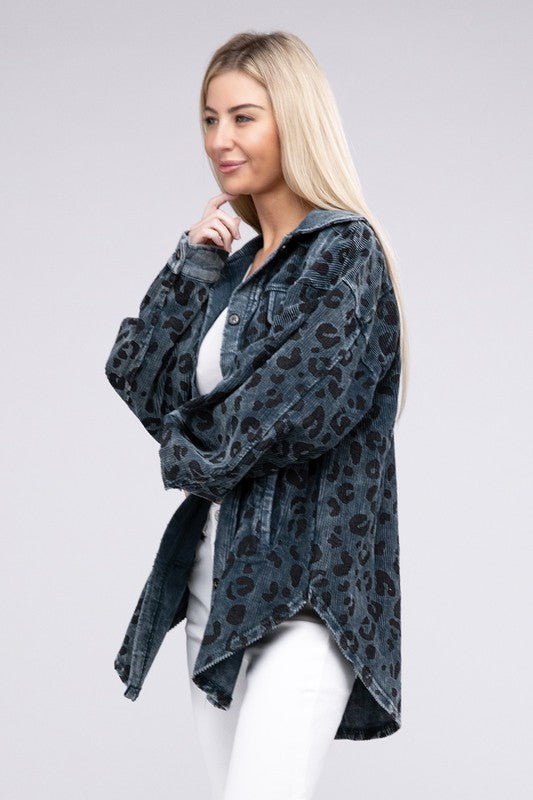 Women Vintage Washed Leopard Corduroy Buttoned Jacket | Zarnesh