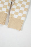 Women Knitted Checkered Buttons V Neck Drop Shoulder Sweater Zarnesh