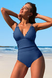 Women Scalloped Tummy Control V Neck Cut Out Monokini Swimwear Zarnesh