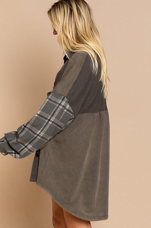 Women Long Sleeve with Plaid Detail Sleeve Shacket | Zarnesh