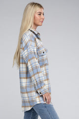 Women Plaid Dropped Shoulder Buttons Flap Pocket Shacket Zarnesh