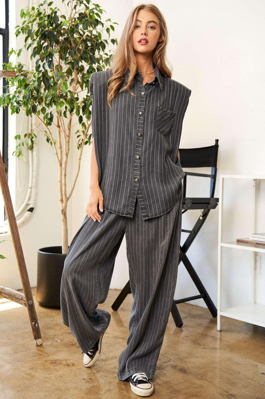 Women Stripe Button Down Shirt and Long Pants Set | Zarnesh