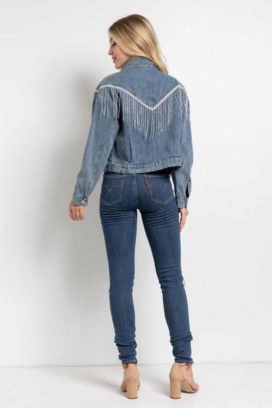 Women Crop Denim Jacket With Rhinestone Fringe | Zarnesh