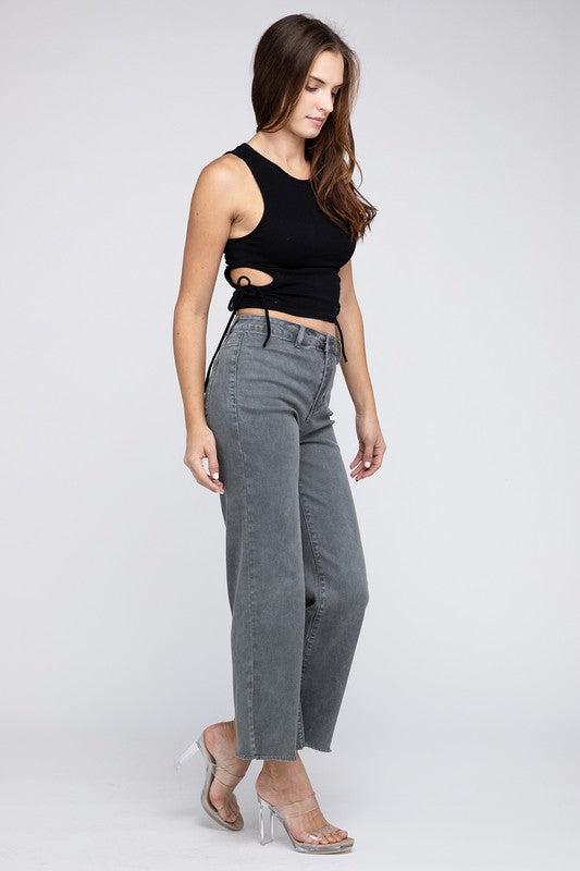 WOMEN'S Acid Wash Frayed Cutoff Hem Straight Wide Pants | ZARNESH