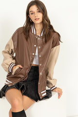 Women Game On PU Colorblock Baseball Jacket | Zarnesh