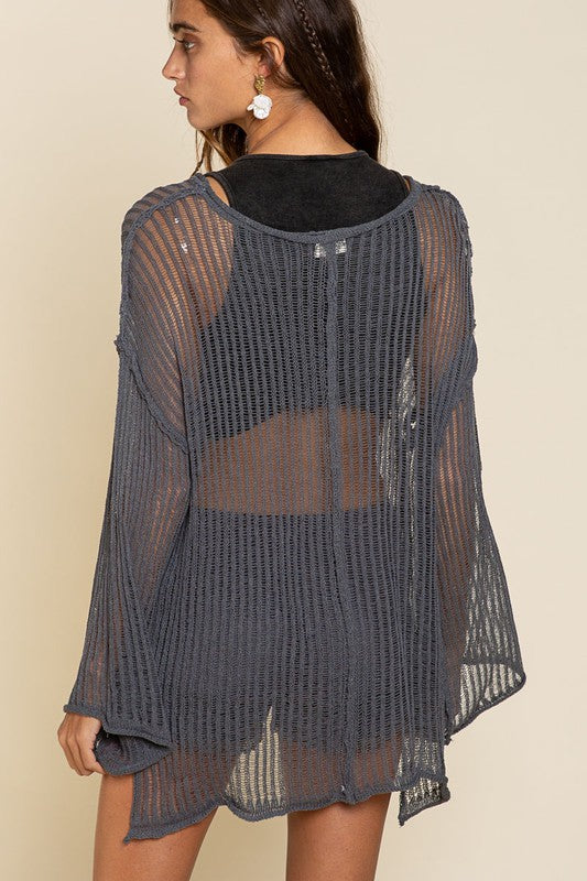 Loose Fit See-through Boat Neck Sweater zarnesh.com