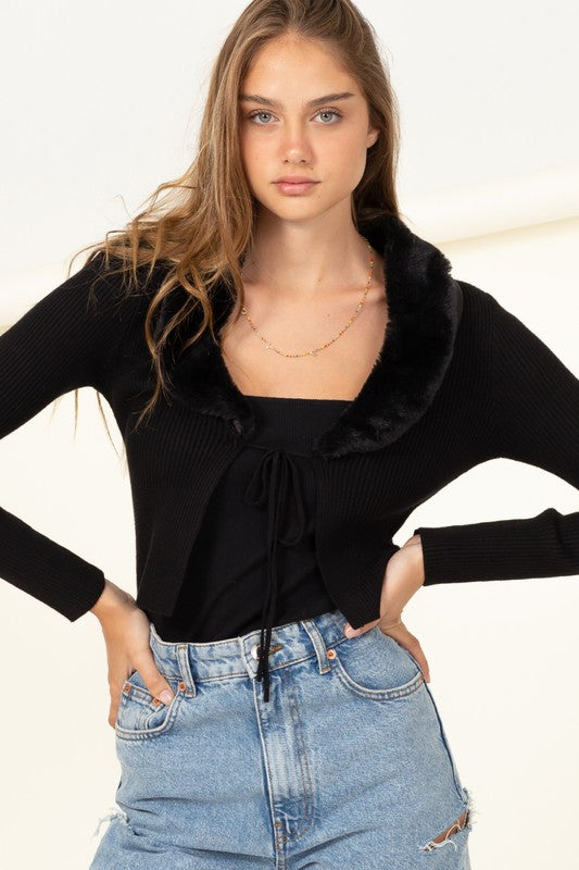 Women Miss Mesmerize Fur Trim Tie Front Ribbed Cardigan | Zarnesh