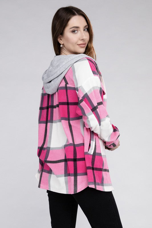 Women Plaid Drawstring Hooded Soft Fleece Shacket | Zarnesh