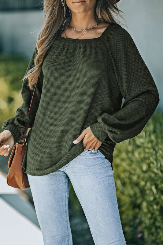 Women’s Hallie Square Neck Puff Sleeve Waffle Knit Top | Zarnesh