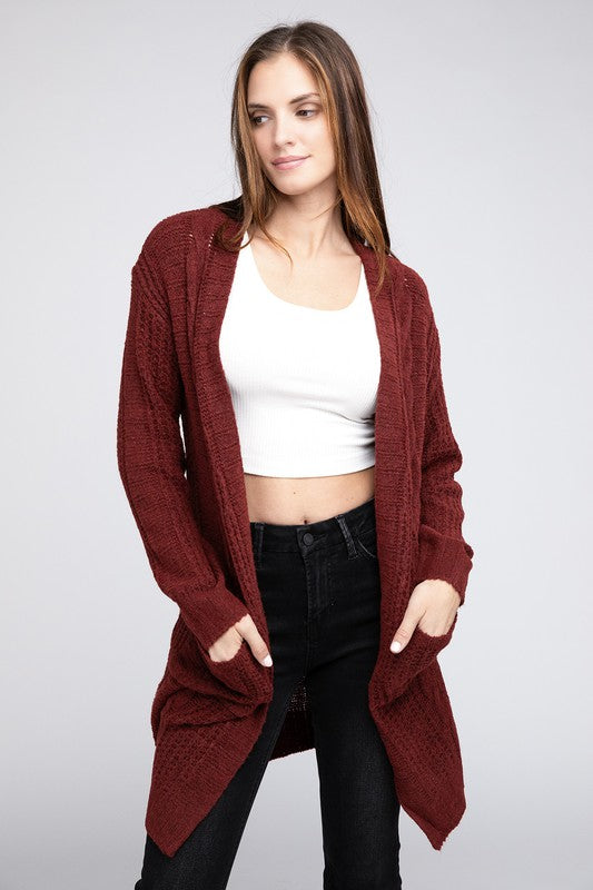 Women Twist Knitted Open Front Cardigan with Pockets | Zarnesh