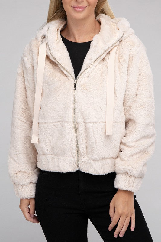 Women Fluffy Texture Zip-Up Teddy Hoodie Sweater | Zarnesh