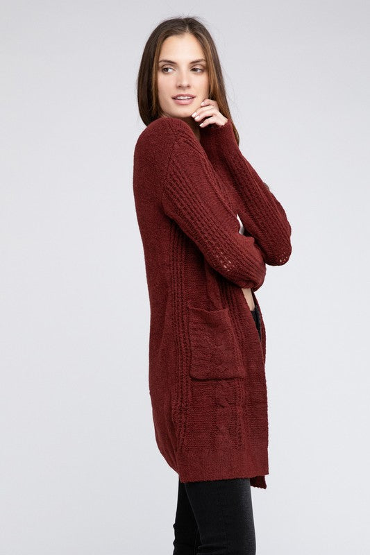 Women Twist Knitted Open Front Cardigan with Pockets | Zarnesh