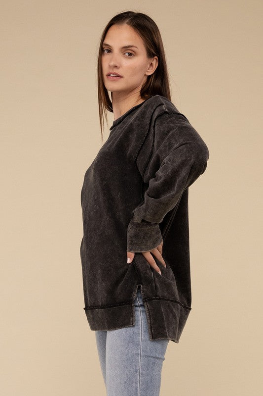 Women Acid Wash French Terry Exposed-Seam Sweatshirt | Zarnesh