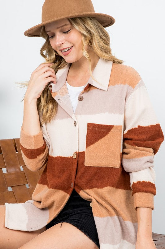 Women Plus Fuzzy Stripe Button Down Shacket | Zarnesh