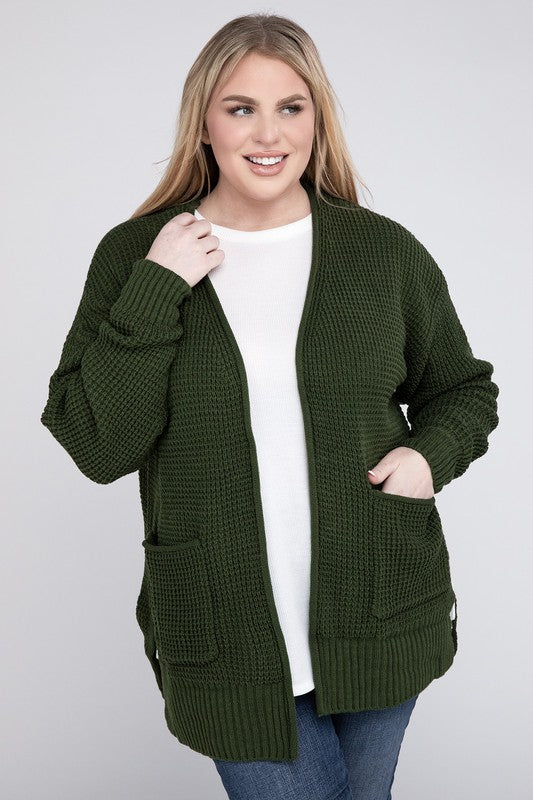 Women Plus Low Gauge Waffle Open Cardigan Sweater | Zarnesh