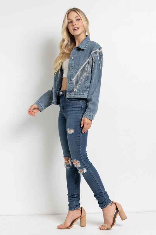 Women Crop Denim Jacket With Rhinestone Fringe | Zarnesh