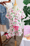 Pink Striped Strawberry Print Lapel Shirt Drawstring Shorts 2pcs Pajama Set