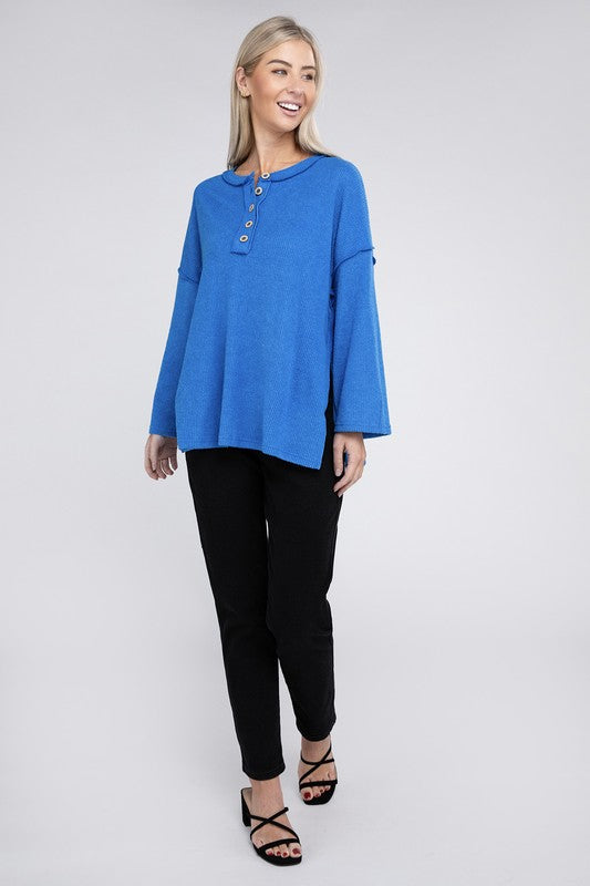 Women Ribbed Brushed Melange Hacci Henley Sweater | Zarnesh