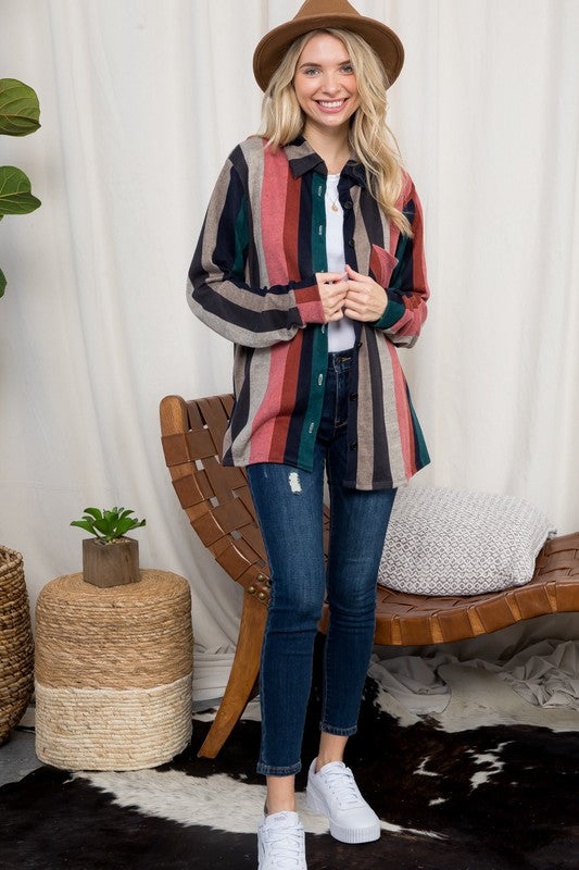 Women Cozy Stripe Button Down Shacket | Zarnesh