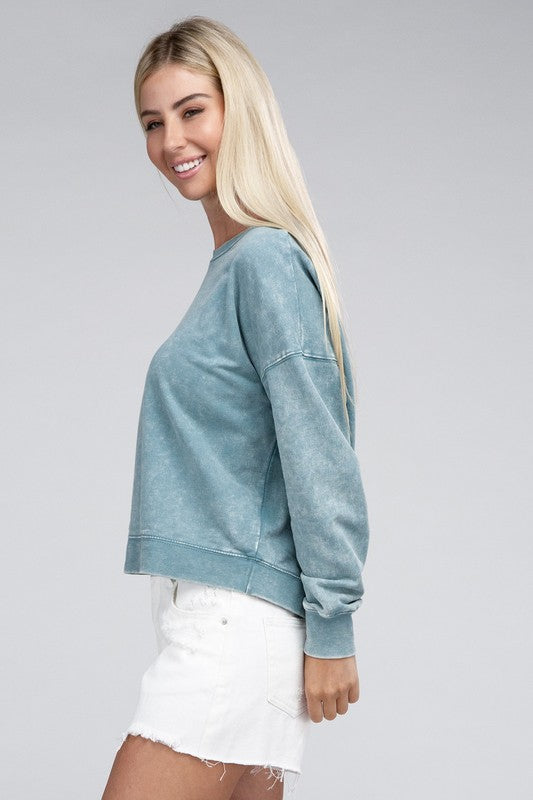  Women's  French Terry Acid Wash Boat Neck Pullover | Zarnesh