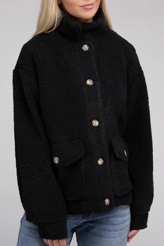 Women Cozy Long Sleeve Sherpa Button-Front Jacket | Zarnesh