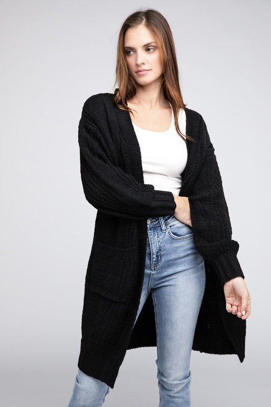 Women Twist Knitted Open Front Cardigan with Pockets | Zarnesh