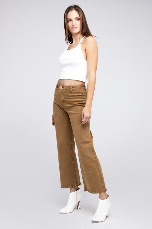 WOMEN'S Acid Wash Frayed Cutoff Hem Straight Wide Pants | ZARNESH