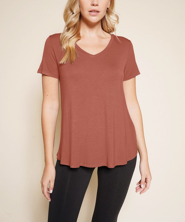 Women Bamboo V Neck Flared Open Bottom Short Sleeves T Shirt Zarnesh