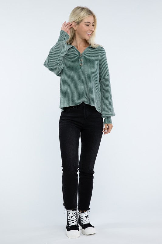 Women’s Washed Collared Henley Sweater | Zarnesh