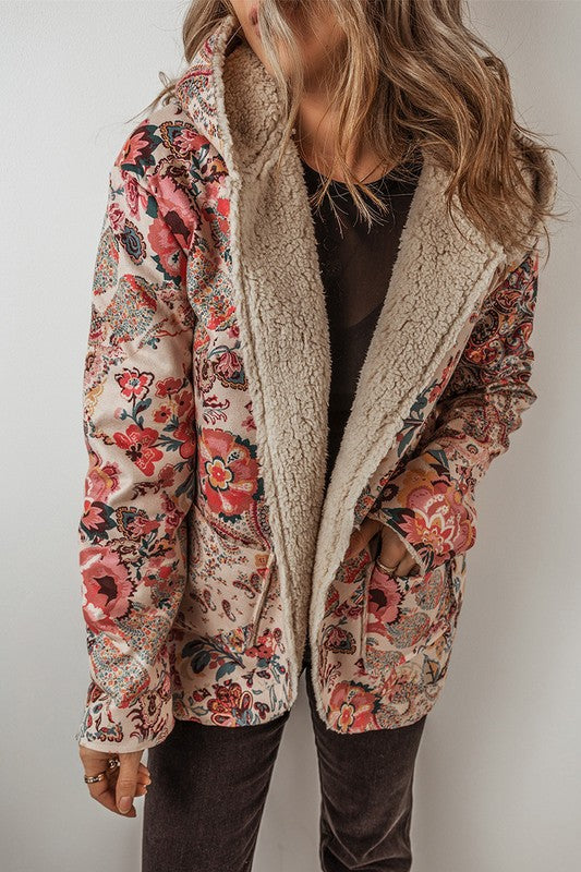 Women Floral Printed Sherpa Lined Hooded Jacket | Zarnesh